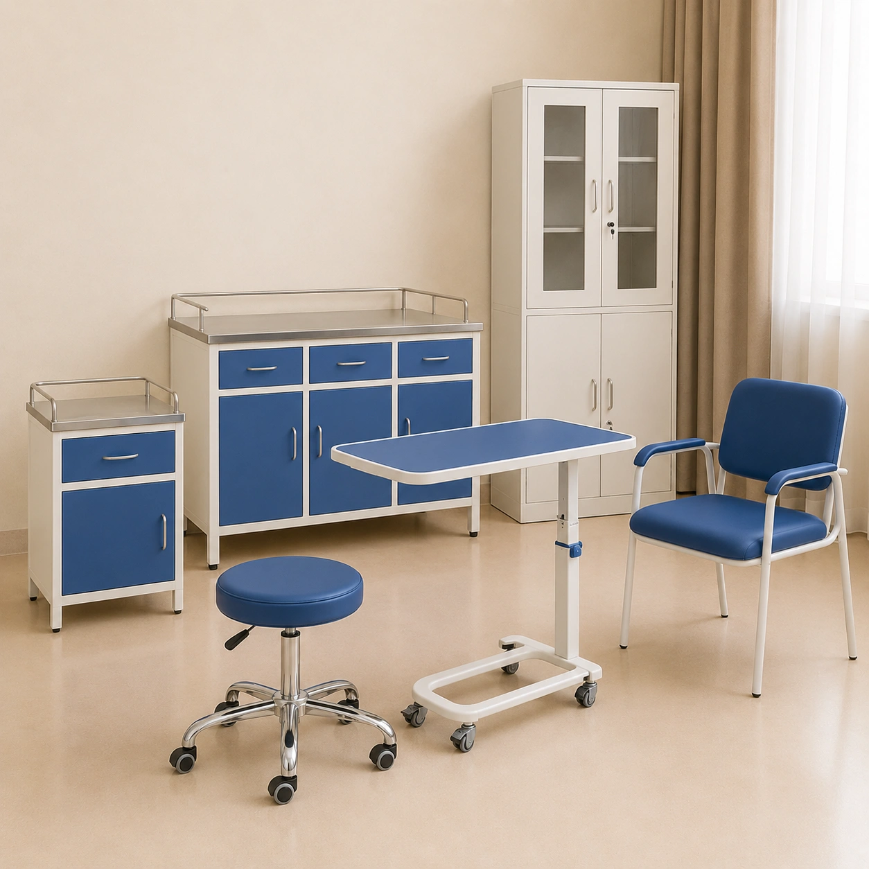 Hospital Furniture Manufacturer in Delhi — Bedside Locker, Over Bed Table | Shiv Balaji Surgical